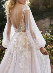 A Line V Neck Long Sleeves Lace Chapel Train Wedding Dress With Appliques Lace