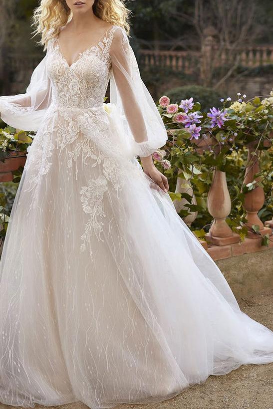 A Line V Neck Long Sleeves Lace Chapel Train Wedding Dress With Appliques Lace