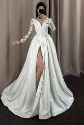 A Line V Neck Long Sleeves Lace/Satin Wedding Dress With Split Front