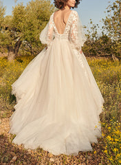 A Line V Neck Long Sleeves Lace/Tulle Wedding Dress