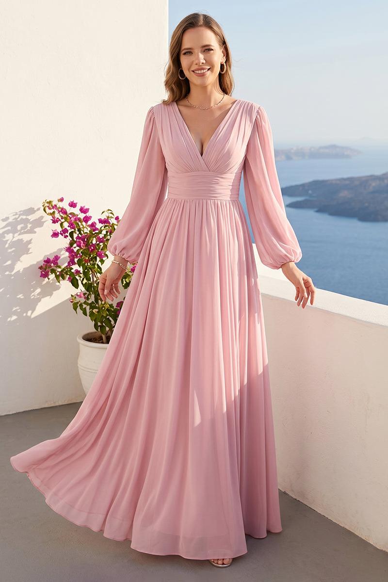 A-Line V-Neck Long Sleeves Long Chiffon Bridesmaid Dresses With Split Side Pockets