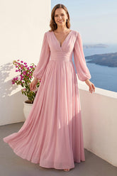 A-Line V-Neck Long Sleeves Long Chiffon Bridesmaid Dresses With Split Side Pockets