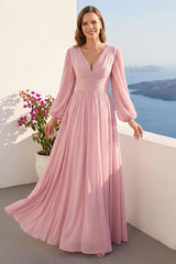 A-Line V-Neck Long Sleeves Long Chiffon Bridesmaid Dresses With Split Side Pockets