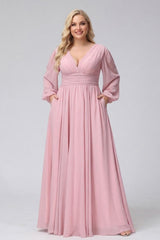 A-Line V-Neck Long Sleeves Long Chiffon Plus Size Bridesmaid Dresses With Split Side Pockets