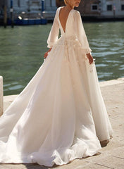 A Line V Neck Long Sleeves Organza Wedding Dress With Lace Appliques