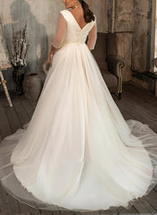 A Line V Neck Long Sleeves Sweep Train Tulle Wedding Dress for Plus Size
