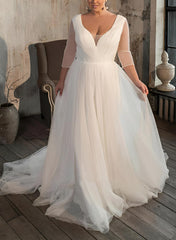 A Line V Neck Long Sleeves Sweep Train Tulle Wedding Dress for Plus Size