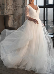 A Line V Neck Long Sleeves Sweep Train Tulle Wedding Dress for Plus Size