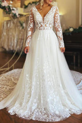 A Line V Neck Long Sleeves Tulle Wedding Dress With Appliques Lace