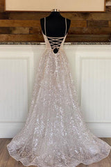 A Line V Neck Prom Dress Sequin Tulle Long Formal Evening Dress