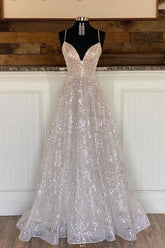 A Line V Neck Prom Dress Sequin Tulle Long Formal Evening Dress