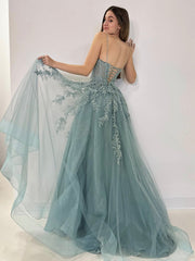 A Line V Neck Prom Dress Tulle Lace Gray Green Long Formal Gown Evening Dress