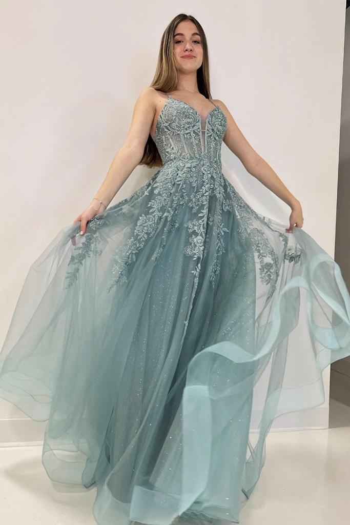 A Line V Neck Prom Dress Tulle Lace Gray Green Long Formal Gown Evening Dress