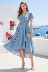A-Line V-Neck Short Sleeves Asymmetrical Chiffon Bridesmaid Dresses With Pockets