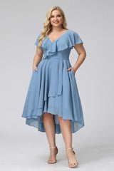 A-Line V-Neck Short Sleeves Asymmetrical Chiffon Plus Size Bridesmaid Dresses With Pockets