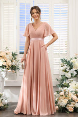 A-Line V-Neck Short Sleeves Chiffon Bridesmaid Dresses with Pockets
