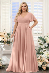 A-Line V-Neck Short Sleeves Chiffon Plus Size Bridesmaid Dresses with Pockets