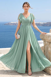 A-Line V-Neck Short Sleeves Split Side Chiffon Bridesmaid Dresses with Pockets