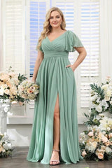 A-Line V-Neck Short Sleeves Split Side Chiffon Plus Size Bridesmaid Dresses with Pockets