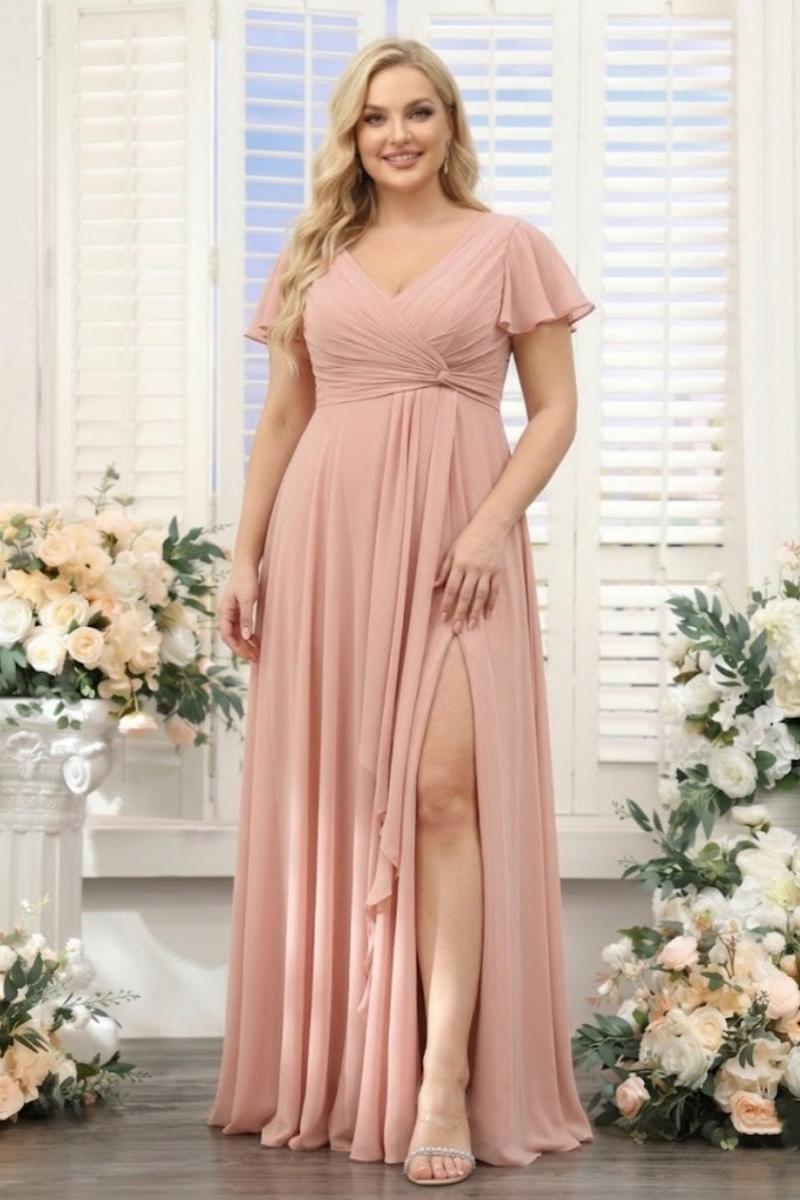 A-Line V-Neck Short Sleeves Split Side Chiffon Plus Size Bridesmaid Dresses