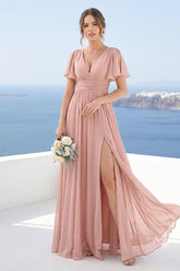 A-Line V-Neck Short Sleeves Split Side Floor-Length Chiffon Bridesmaid Dresses