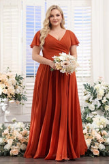 A-Line V-Neck Short Sleeves Split Side Ruched Chiffon Plus Size Bridesmaid Dresses