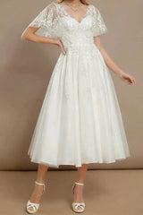 A Line V Neck Short Sleeves Tea Length Satin Wedding Dress with Appliques