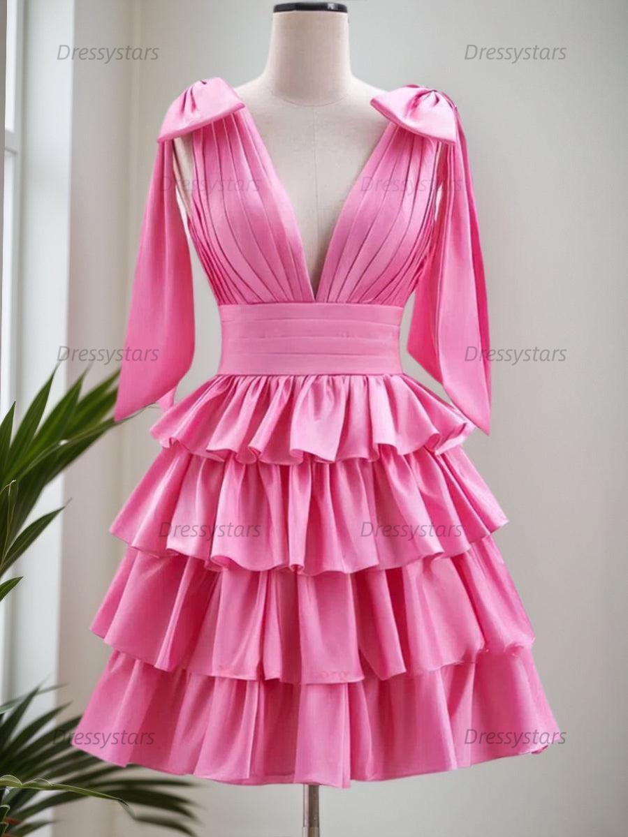 Dressystars A-Line V-Neck Short Tiered Satin Homecoming Dress