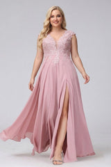 A-Line V-Neck Sleeveless Chiffon Long Plus Size Bridesmaid Dresses With Applique Split Side