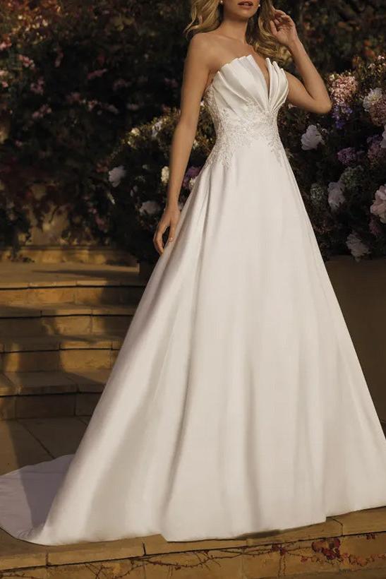 A Line V Neck Sleeveless Court Train Satin Wedding Dress With Lace