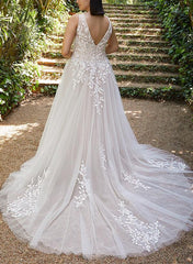 A Line V Neck Sleeveless Court Train Tulle Wedding Dress With Appliques Lace