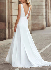 A Line V Neck Sleeveless Elastic Satin Wedding Dress With Front Split