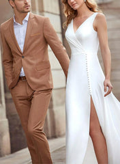 A Line V Neck Sleeveless Elastic Satin Wedding Dress With Front Split