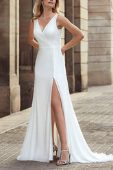 A Line V Neck Sleeveless Elastic Satin Wedding Dress With Front Split