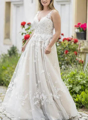 A Line V Neck Sleeveless Lace Wedding Dress With Appliques Lace