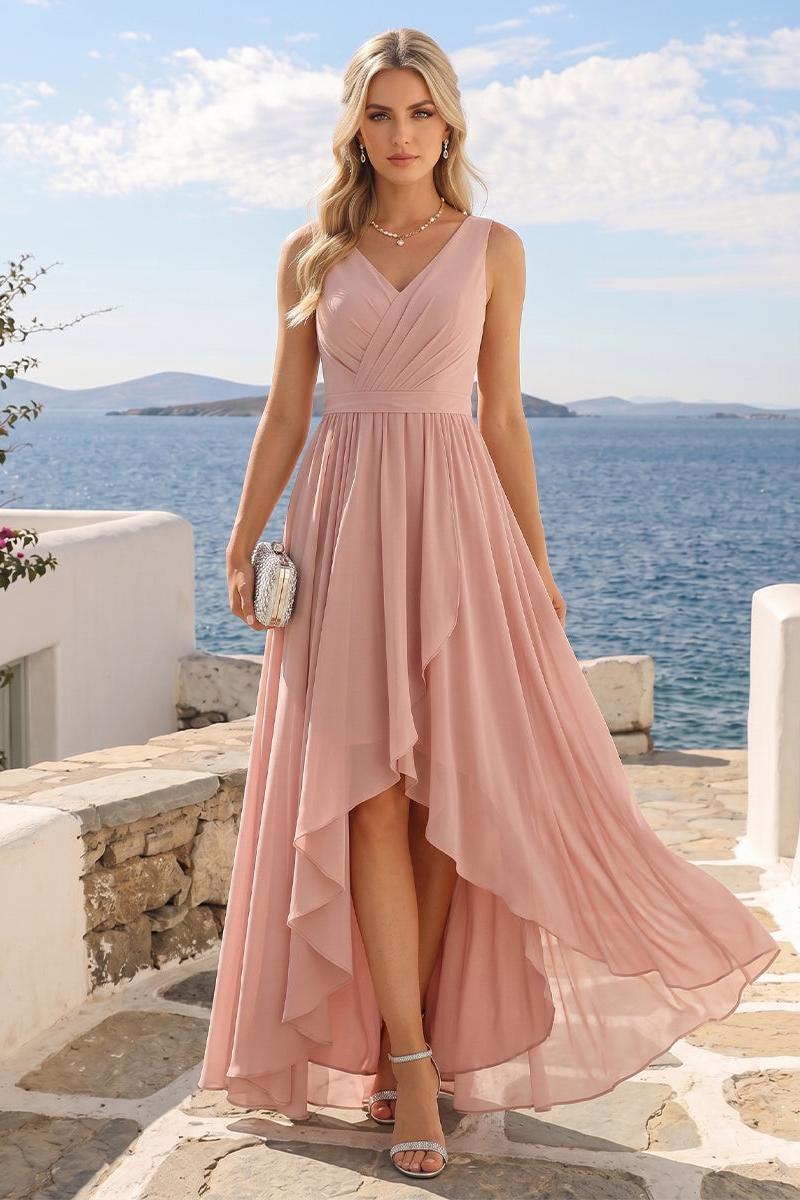 A-Line V-Neck Sleeveless Ruched Asymmetrical Chiffon Bridesmaid Dresses