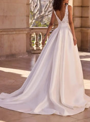 A Line V Neck Sleeveless Sweep Train Satin Wedding Dress with Appliques