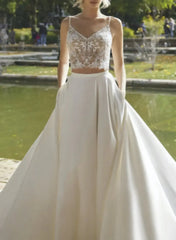 A Line V Neck Sleeveless Sweep Train Wedding Dress