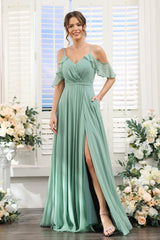 A-Line V-Neck Spaghetti Straps Short Sleeves Split Side Chiffon Bridesmaid Dresses