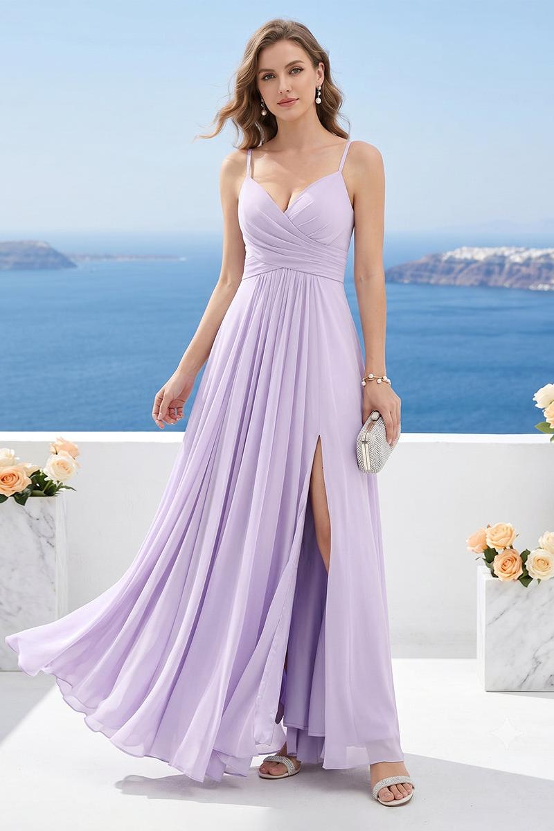 A-Line V-Neck Spaghetti Straps Sleeveless Split Side Floor-Length Chiffon Bridesmaid Dresses