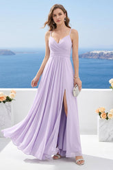 A-Line V-Neck Spaghetti Straps Sleeveless Split Side Floor-Length Chiffon Bridesmaid Dresses