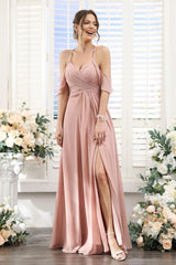 A-Line V-Neck Spaghetti Straps Split Side Floor-Length Chiffon Bridesmaid Dresses