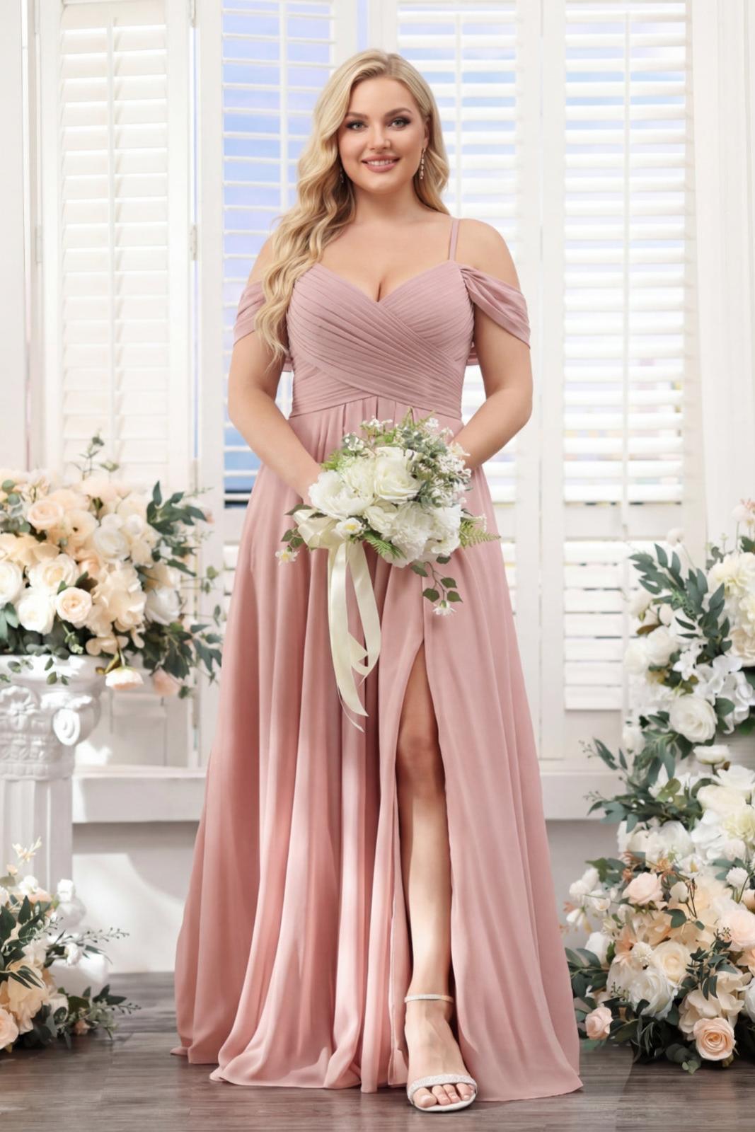 A-Line V-Neck Spaghetti Straps Split Side Floor-Length Chiffon Plus Size Bridesmaid Dresses