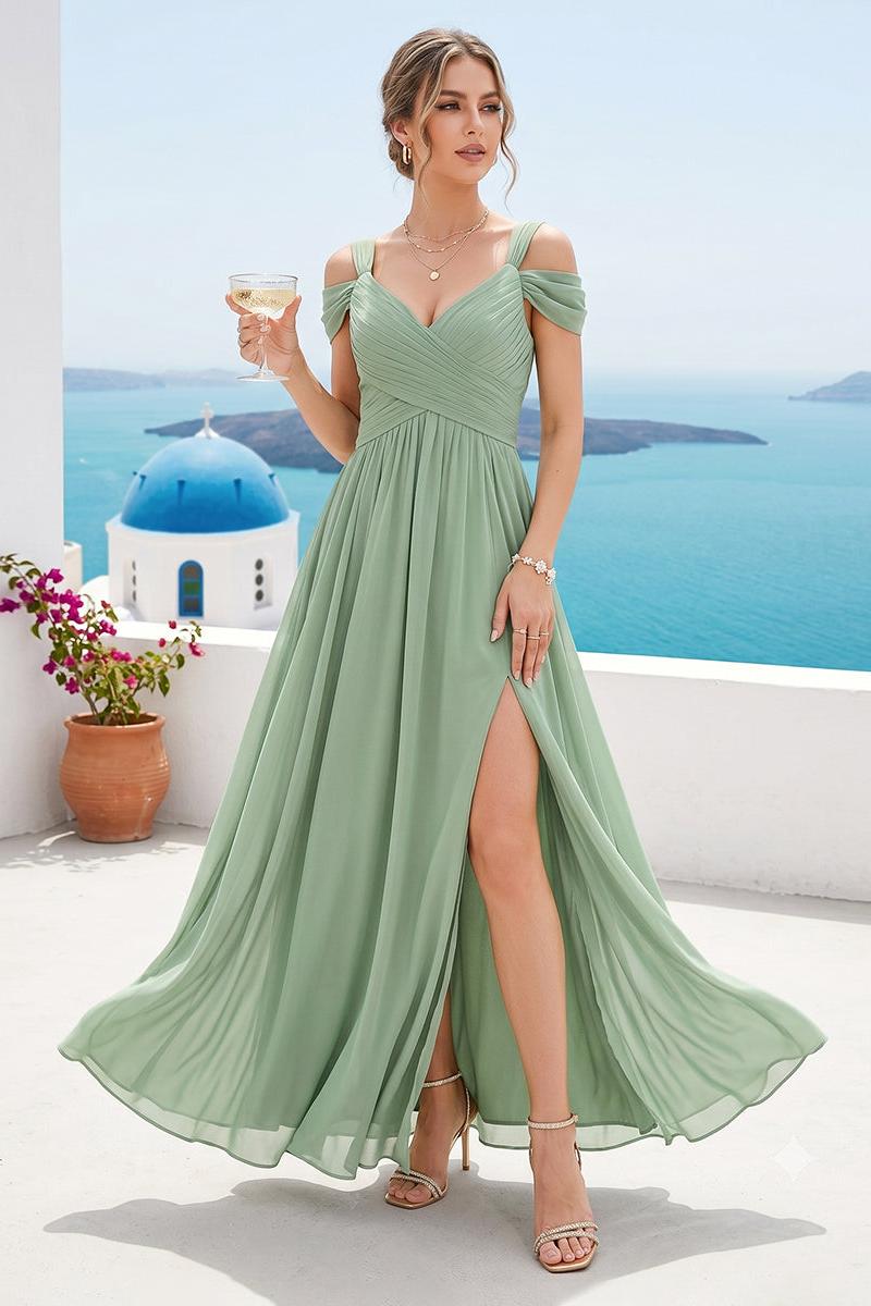 A-Line V-Neck Split Side Ruched Floor-Length Chiffon Bridesmaid Dresses
