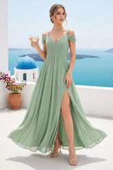 A-Line V-Neck Split Side Ruched Floor-Length Chiffon Bridesmaid Dresses