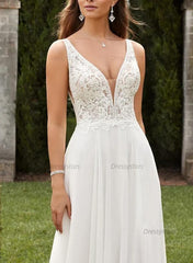 A Line V Neck Sweep Train Chiffon Wedding Dress With Split Front