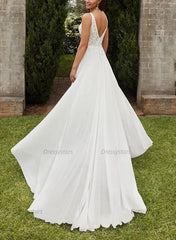 A Line V Neck Sweep Train Chiffon Wedding Dress With Split Front