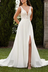 A Line V Neck Sweep Train Chiffon Wedding Dress With Split Front