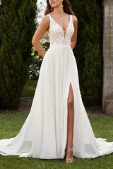 A Line V Neck Sweep Train Chiffon Wedding Dress With Split Front