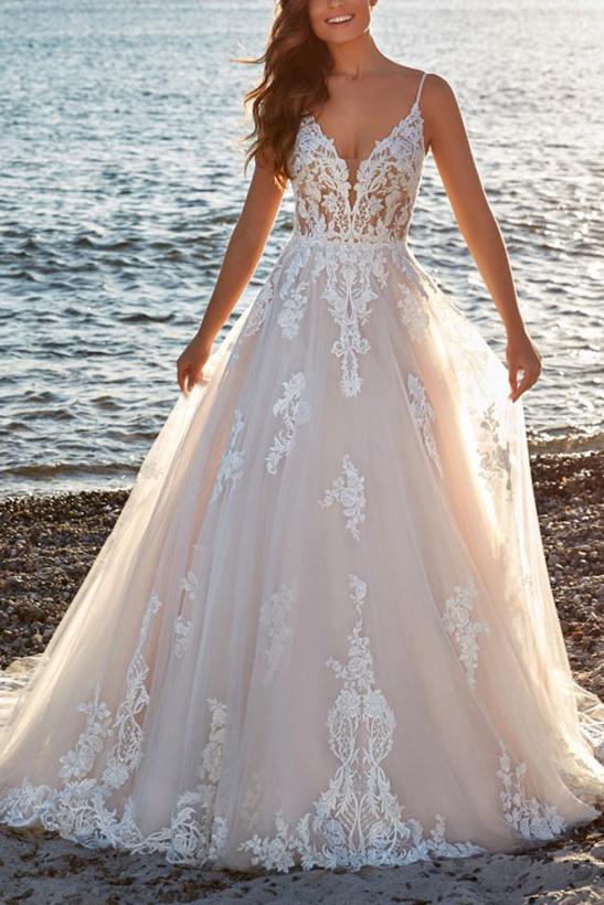A Line V Neck Sweep Train Tulle Bridal Gown